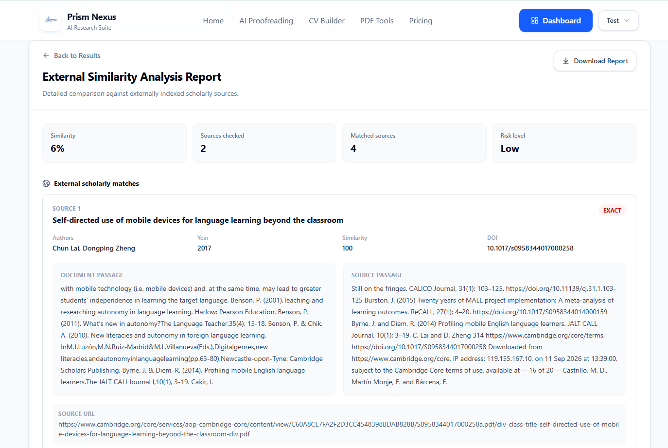 Prism Nexus Academic Similarity Analysis report preview